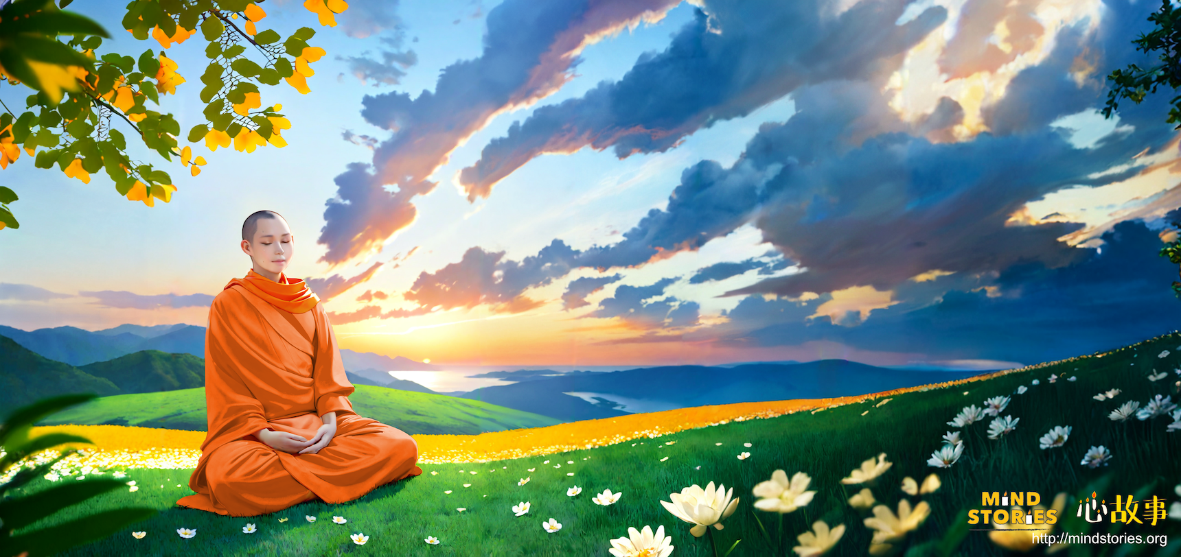 A Theravada Buddhist monk meditating in the peace posture